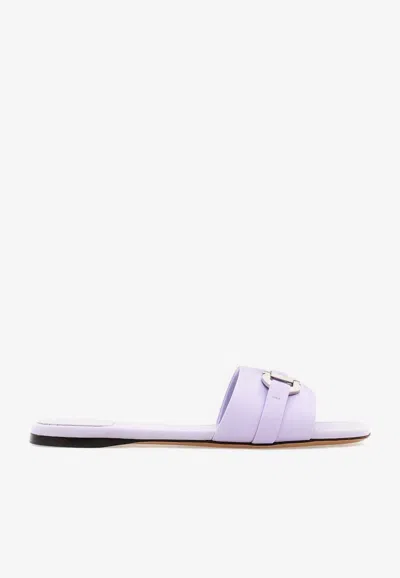 Ferragamo Leah Gancini Flat Sandals In Calf Leather In Lavender