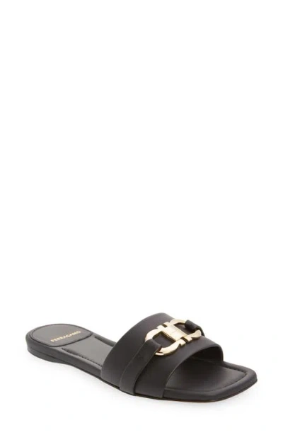 Ferragamo Flat Slide With Gancini Ornament In Black