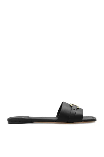 Ferragamo Leah Gancini Leather Flat Sandals In Black