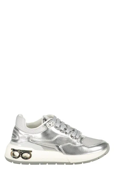 Ferragamo Leather And Fabric Low-top Sneakers In Silver