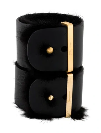 Pre-owned Ferragamo Leather & Fur Wrap Bracelet Set In Black