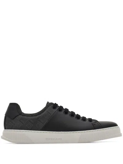 FERRAGAMO FERRAGAMO LEATHER AND JACQUARD FABRIC MONOGRAM CLAYTON SNEAKERS
