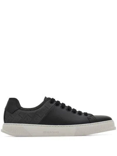 FERRAGAMO LEATHER AND JACQUARD FABRIC MONOGRAM CLAYTON SNEAKERS