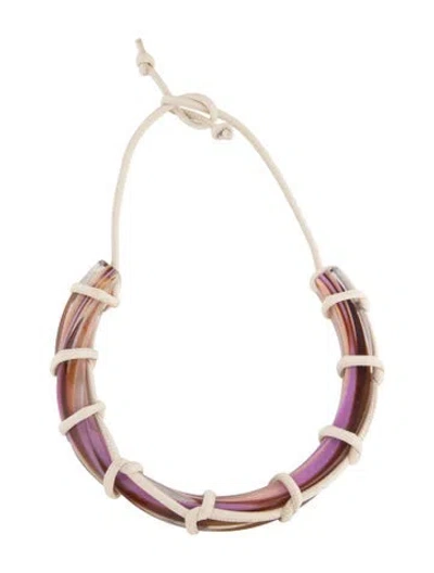 Pre-owned Ferragamo Leather & Twisted Resin Collar Necklace, 15" In Brown/clear/purple