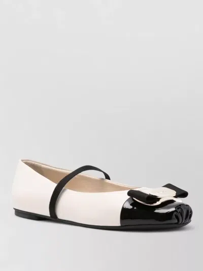 Ferragamo Leather Ballerina Flats Round Toe Bow In Neutral