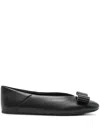 Ferragamo Leather Round Toe Ballerina Shoes With Bow Detail In Black