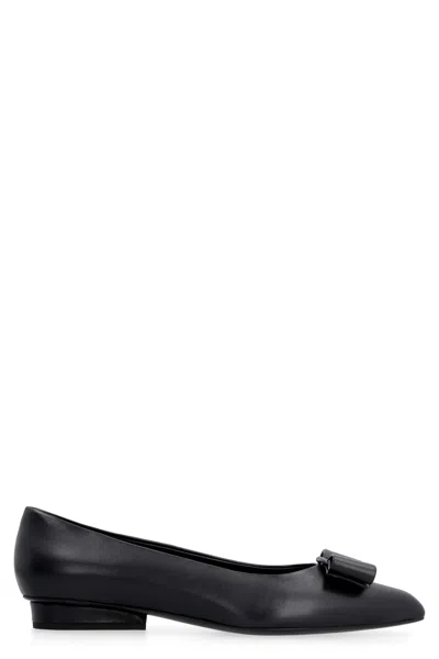 Ferragamo Leather Ballet Flats With Logo In Black