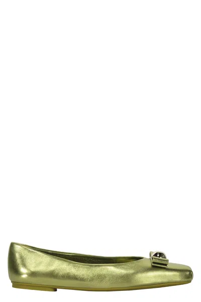 Ferragamo Leather Ballet Flats With Logo In Green