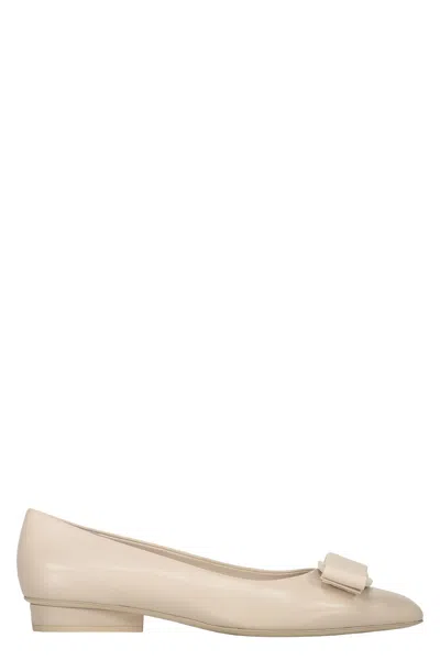 Ferragamo Leather Ballet Flats With Logo In White