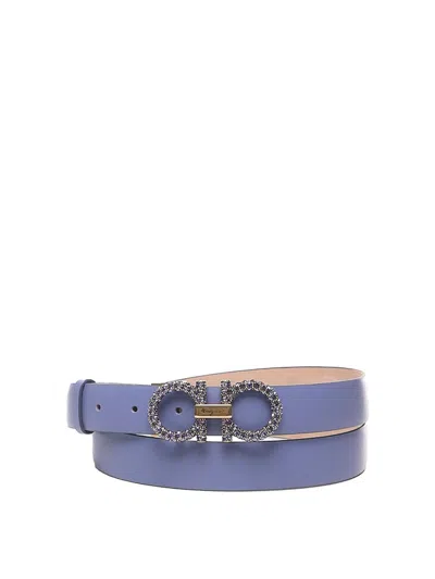 Ferragamo Leather Belt With Embellished Gancino Buckle In Blue