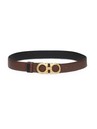 Ferragamo Leather Belt With Gold-tone Double Gancini Buckle In Brown