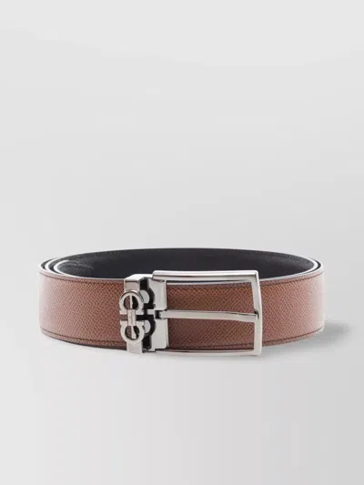 Ferragamo Leather Belt With Reversible Metal Hardware In Brown