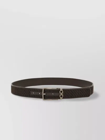 Ferragamo Leather Belt With Square Buckle And Textured Design In Brown