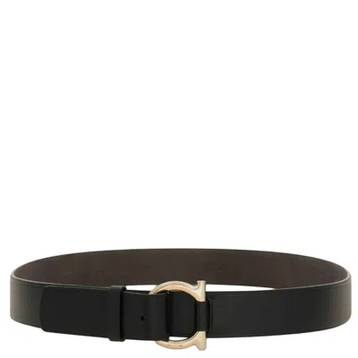 Ferragamo Leather Belt With Unique Golden Metal Buckle In Black