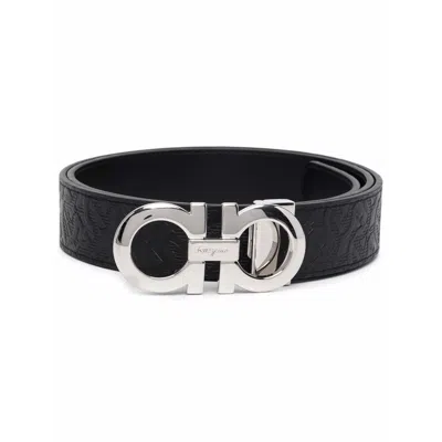 Ferragamo Reversible Leather Belt With Gancini Logo In Black