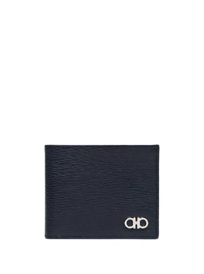 Ferragamo Leather Bifold Wallet With Metallic Front Logo, 12 X 9 Cm In Blu