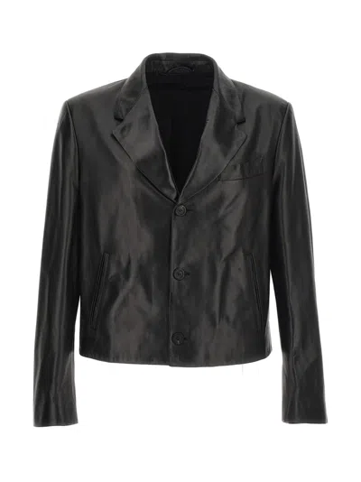 Ferragamo Leather Blazer Jacket In Black