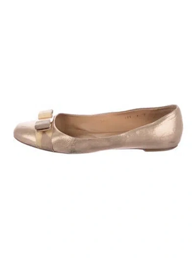 Pre-owned Ferragamo Leather Bow Accents Ballet Flats