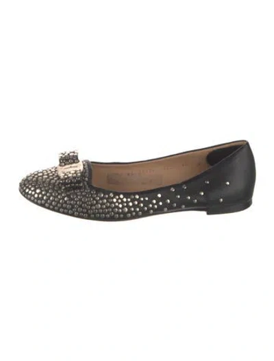 Pre-owned Ferragamo Leather Bow Accents Ballet Flats In Black