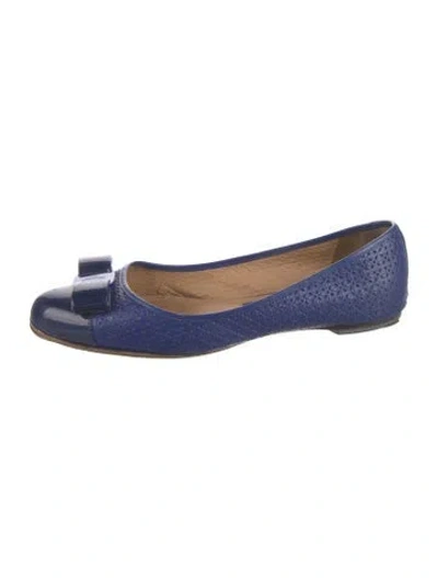 Pre-owned Ferragamo Leather Bow Accents Ballet Flats In Blue