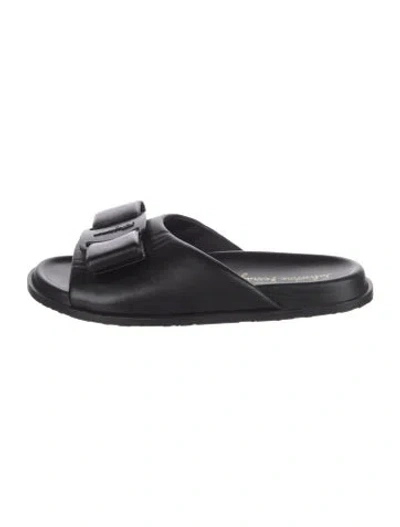 Pre-owned Ferragamo Leather Bow Accents Slides In Black