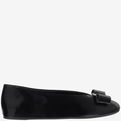Ferragamo Leather Bow Ballerina Flats In Black
