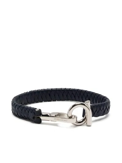 Ferragamo Gancini Braided Leather Bracelet In Blue