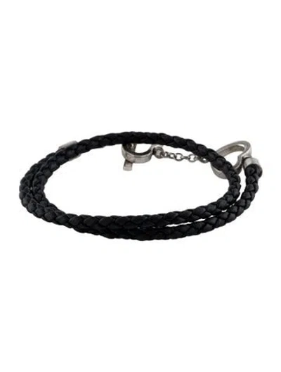 Pre-owned Ferragamo Leather Braided Heart Toggle Wrap Bracelet, 6.5" In Black