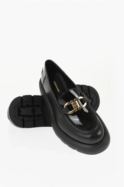 Ferragamo Leather Brooke Loafers With Patent Detail In Black