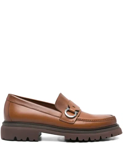 Ferragamo Leather Buckle Loafers In Brown