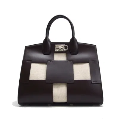 Pre-owned Ferragamo Leather Canvas Handbag Tote Bag () In Brown