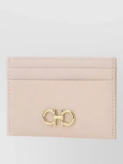 Ferragamo Leather Card Holder Gold Tone Logo
