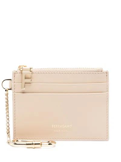 Ferragamo Leather Card Holder In Beige