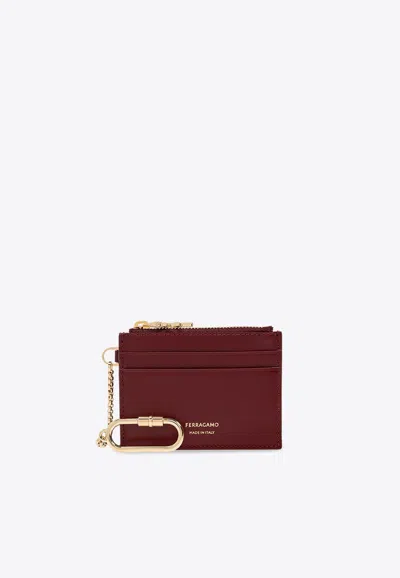 Ferragamo Leather Cardholder With Key-ring In Red