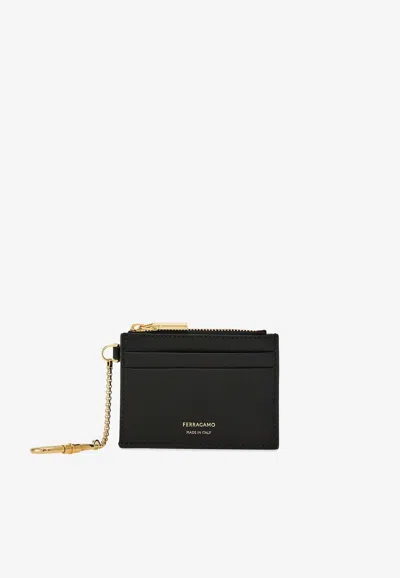 Ferragamo Hot Stamp Zip Leather Card Holder In Black