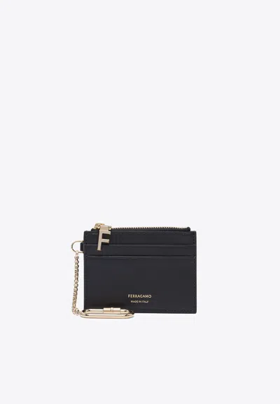 Ferragamo Leather Cardholder With Keychain In Black