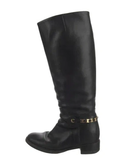 Pre-owned Ferragamo Leather Chain-link Accents Riding Boots In Black