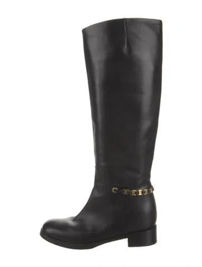 Pre-owned Ferragamo Leather Chain-link Accents Riding Boots In Black