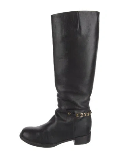 Pre-owned Ferragamo Leather Chain-link Accents Riding Boots In Black