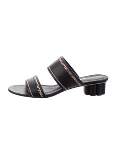 Pre-owned Ferragamo Leather Chain-link Accents Slides In Black