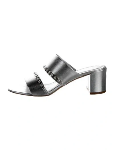 Pre-owned Ferragamo Leather Chain-link Accents Slides In Metallic/silver