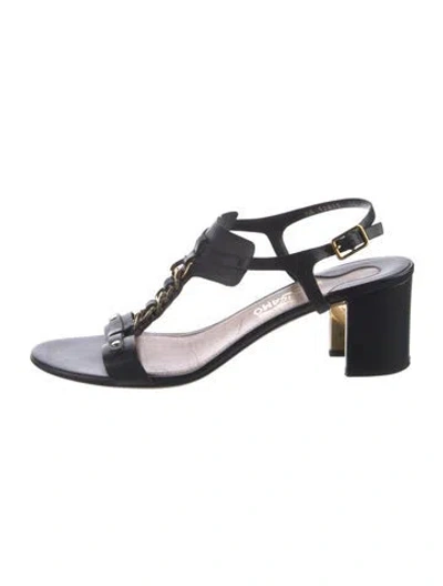 Pre-owned Ferragamo Leather Chain-link Accents T-strap Sandals In Black