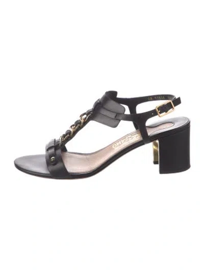 Pre-owned Ferragamo Leather Chain-link Accents T-strap Sandals In Black