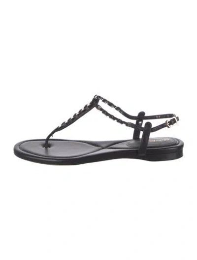 Pre-owned Ferragamo Leather Chain-link Accents T-strap Sandals In Black