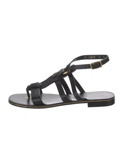 Pre-owned Ferragamo Leather Chain-link Accents T-strap Sandals In Black