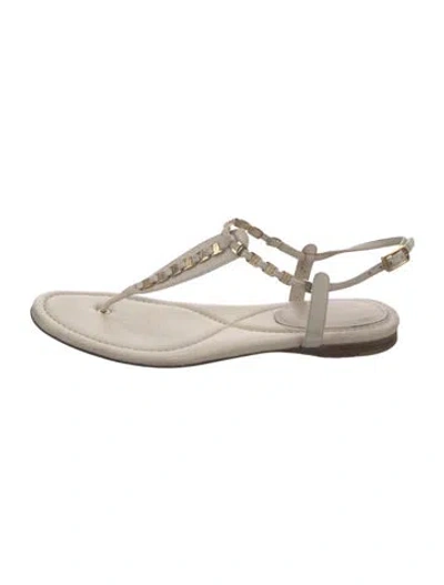 Pre-owned Ferragamo Leather Chain-link Accents T-strap Sandals In Neutral