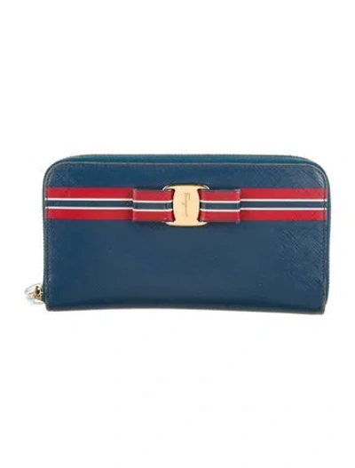 Pre-owned Ferragamo Leather Continental Wallet In Blue