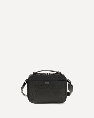 Ferragamo Leather Crossbody Bag With Embossed Gancini Pattern In Black