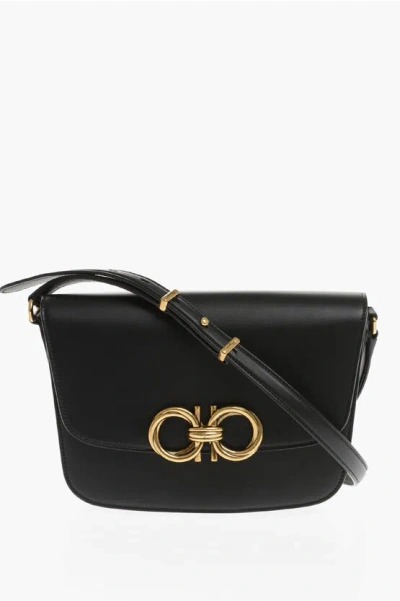 Ferragamo Leather Crossbody Bag With Golden Gancini Detail In Black