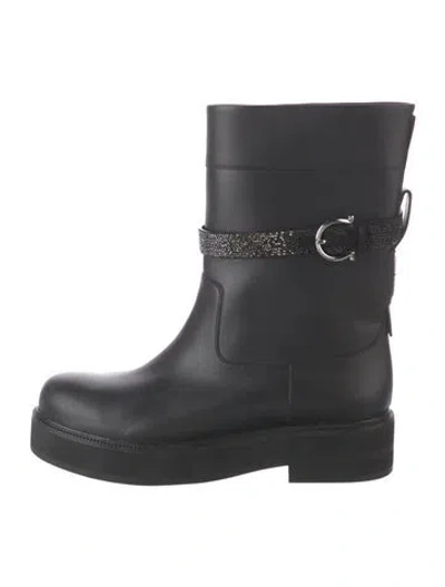 Pre-owned Ferragamo Leather Crystal Embellishments Moto Boots In Black